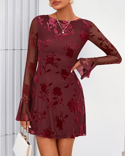 BTFBM Women Floral Wedding Guest Dress Fall 2025 Casual Long Sleeve Crew Neck Flowy Party Cocktail Mini Dresses2
