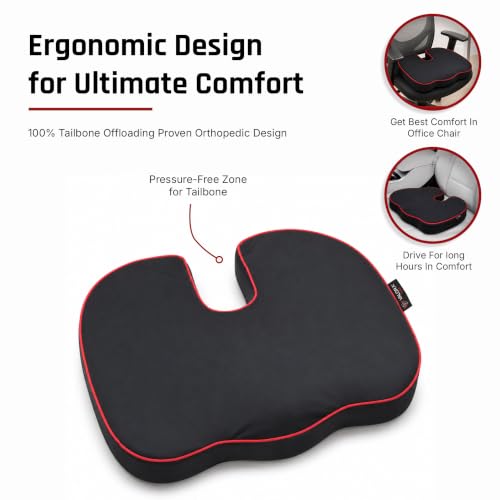 Image of Premium Memory Foam seat Cushion by ValorX USA for Chair Orthopedic Coccyx Cushion for Tailbone Pain, Hip Support Pillow Black
