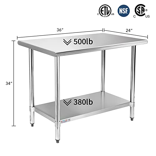 Image of STABLEINK NSF Stainless Steel Prep Table 36x24 Inches 3ft, Metal Work Table with Adjustable Undershelf, for Commercial Kitchen, Restaurant, Hotel, Laundry and Garage