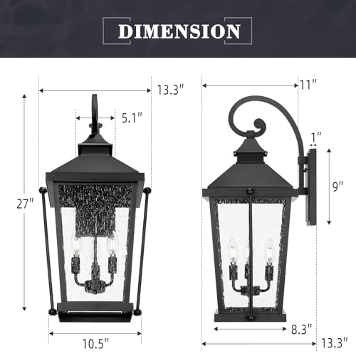 Image of zeyu 27 Inch Outdoor Wall Lamp, 3-Light Large Outdoor Wall Lighting for House Porch, Die-Cast Aluminum in Black Finish, Seeded Glass, ZW105B-L BK