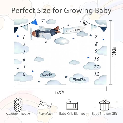 Image of Airplane Theme Baby Monthly Milestone Blanket for Boys, Soft Flannel Aircraft Pilot Cloud Stars Pattern Photography Prop Baby Shower Age Newborn Mom Gifts Nursery Decor (Blue, 60x40in)