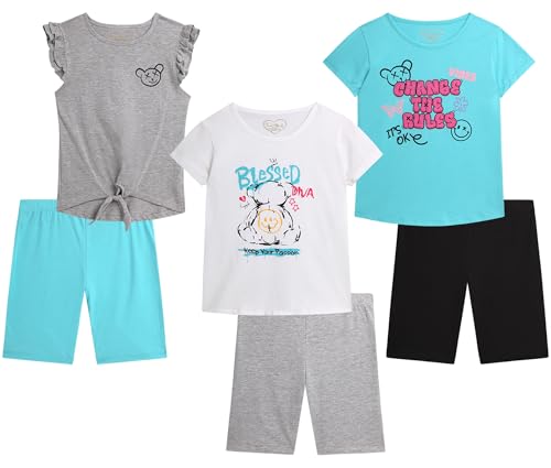 Image of Dreamstar Girls Bike Short Set - 6 Piece Graphic Tee Shirts and Athletic Performance Bike Shorts for Girls Activewear Set
