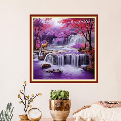 Image of Artvxeay Stamped Cross Stitch Kits - Embroidery Kits for Beginners Cross Stitch Kits for Adults 11 CT Printed Patterns Needlepoint Kits- Purple Maple Leaf Waterfall 18x18 inch