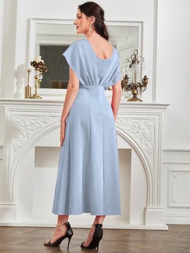 Image of Shasmi Women's & Girl's Solid A-Line Maxi Dress | V-Neck Pleated Bodice | Cap Batwing Sleeves | Fit & Flare Evening Gown (Dress 274)