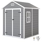 Outsunny 6 x 5ft Garden Shed With Floor, Window, Lockable Doors and Vents, Wood Effect Resin Tool Storage for Outdoor Patio, Dark Grey