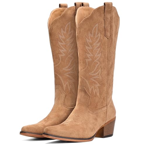 Image of IUV Suede Cowboy Boots for Women Mid Calf Western Cowgirl Boots
