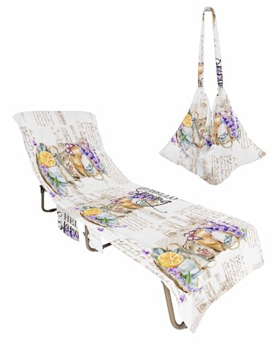 Hello Spring Beach Lounge Chair Towel Cover, Soft Chaise Lounge Towel with Side Pockets Patio Pool Chairs Cover for Beach/Pool Sunbathing 29x85 Purple Floral Botanical Coffee Cups
