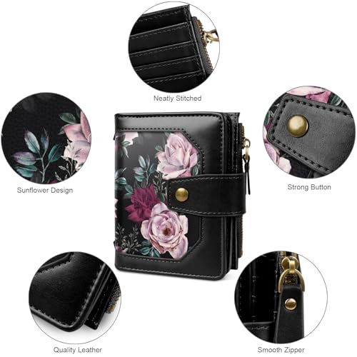 Image of Women Wallet Bifold RFID Blocking Small Credit Card Holder Leather Wallets Cards Case Ladies Purse with Zipper, Night Roses