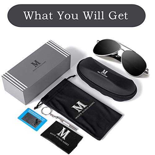 mxnx Aviator Sunglasses for Men Polarized Women UV Protection Lightweight Driving Fishing Sports Unisex glasses MX208 Silver Frame Black Lens