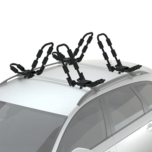 Reliancer 2 Pairs Folding Kayak Rack J-Style Car Roof Rack for Canoe Surfboard Ski Board SUP w 4PCS Ratchet Tie-Mount Straps Roof Car Carriers Universal Rooftop Mount Racks for SUV Car Truck Crossbar