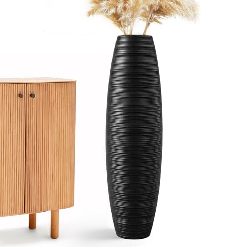 Image of Large Floor Vase 35.4 inch Matte Black, Resin Wide-Body Vase with Horizontal Ribbed Texture for Dried Pampas Grass Branches, Modern Home Decor for Living Room Corner Entryway