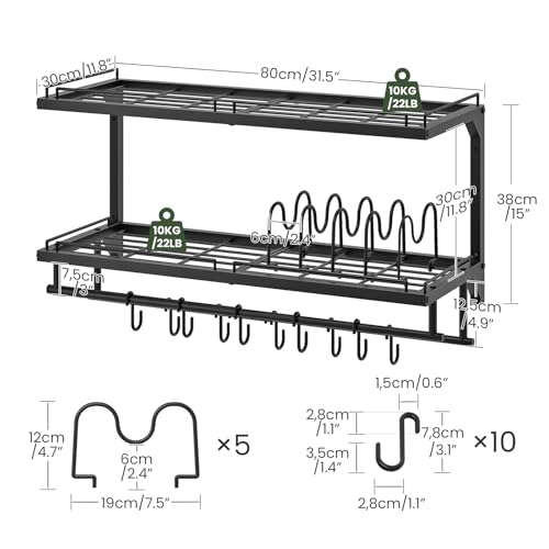 CHOEZON Pot Rack, Wall Mounted Pan Holder, 2-Tier Pot and Pan Organizer, Pot Hanger with 10 S-Shaped Hooks, Cookware Organizer with 5 Removable Metal Wire Dividers, Black TPR35BB