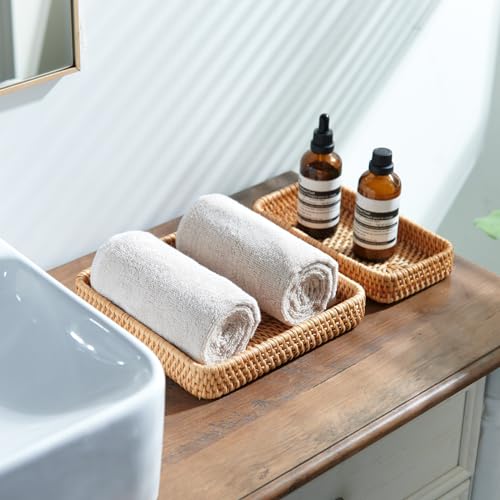 Rattan Serving Tray, Rectangular Woven Tray, Natural Wicker Decorative Serving Baskets for Organizing Tabletop Bathroom Kitchen Counter (Natural)