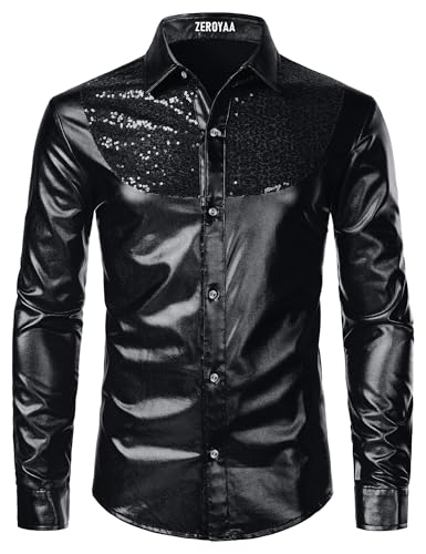 ZEROYAA Men's Shiny Metallic Sequin Long Sleeve Button Down Shirts for Halloween Cosplay Party