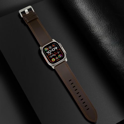 UUPWPOKT Leather Band Compatible with Apple Watch Band 42mm 41mm 40mm 38mm Men Women, Top Grain Genuine Leather Strap for iWatch Series 11 10 9 8 7 6 5 4 3 2 1 SE 3/2/1, Dark Brown/Titanium