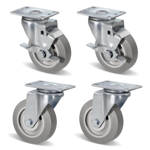 CWfutureparts 4 Inch Casters Set of 4 Heavy Duty Caster Wheels with Brake 1200Lbs Swivel Rubber Wheel Silent Castor Industrial Plate Casters Wheels for Cart Furniture Workbench（2 Brake & 2 Swivel ）