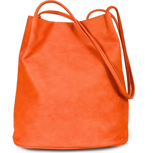 Mabel London Women's Fashion Designer Medium Size Plain Soft Vegan Leather Hobo Bucket Tote Shoulder Bag - Delilah (Orange)