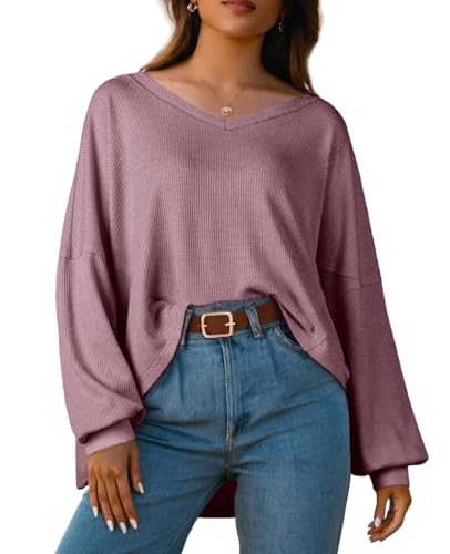 IWOLLENCE Womens Long Sleeve Shirts Oversized V Neck Tunic Tops for Women Waffle Knitted Pullover Sweater Top