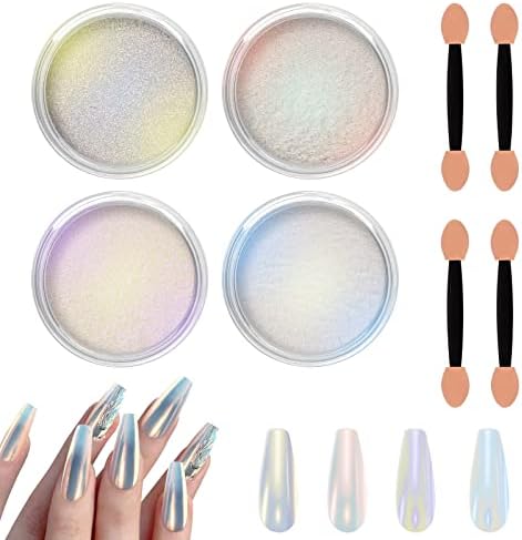Allstarry Chrome Nail Powder 4 Colors Iridescent Aurora Powder Metallic Mirror Effect Pigment Pearlescent Purple Mermaid Glitter Unicorn Glitter for Nail Art Manicure Decoration Home DIY Salon