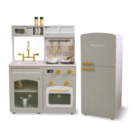 Teamson Kids Little Chef Normandy - Juego de cocina de madera con fregadero, horno, refrigerador modular y 14 accesorios para niños pequeños y niños de 3 años en adelante, juego de cocina de