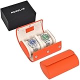 ROSELLE Genuine Leather Watch Roll Travel Case - Watch Roll Case For 2 Watches With Luxury Lining - Protect, Travel,Store and Display Fine Watches(2 Slot Orange)