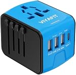 Adaptateur universel de puissance de voyage international, chargeur mural tout en un avec haute vitesse 2.4A 3xUSB, 3.0A Type-C, Adaptateur européen, Monde entier AC Fiches d'entrée pour UK, EU, AU & Asie (bleu)
