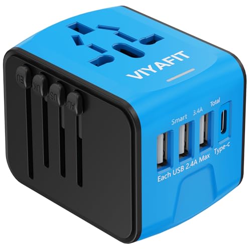 Viyafit - Universal International Travel Power Adapter, All in One Wall Charger with High Speed 2.4A 3xUSB, 3.0A Type-C, European Adapter, Worldwide AC Outlet Plugs for UK, EU, AU & Asia (Blue) - -22%