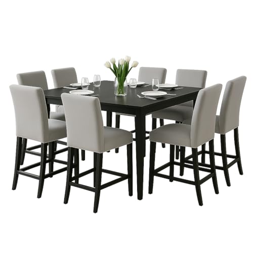 CARTESIAN 9-Piece Counter Height Dining Set, Black Wood Table with Leaf, Gray Upholstered Stools, Square Shape, Transitional Style