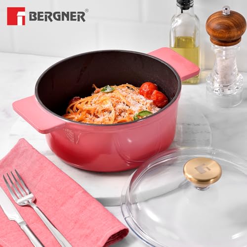 Image of Bergner Excalibur Lightweight Cast Iron Dutch Oven /Biryani Pot /Casserole with Glass Lid, 20cm (2.3L), Non-Stick Coating, PFAS Free, Elegant Design, Silicone Grips, Induction and Gas Stove Ready (Pink)
