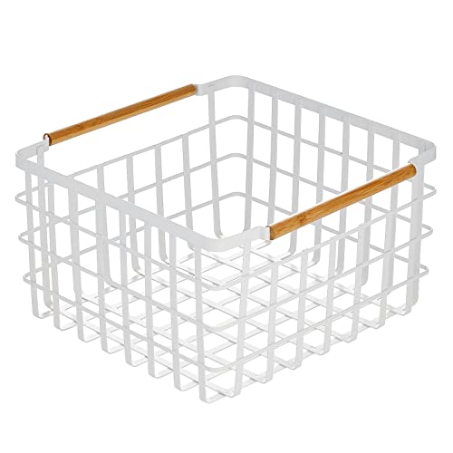 Mdesign Metal Steel Wire Square Organizer Storage Basket W/Bamboo Handles For Closet, Shelves, Holds Linens, Blankets, Slippers, Scarves, Hats, Gloves - Yami Collection - Matte White/Natural #TOP6
