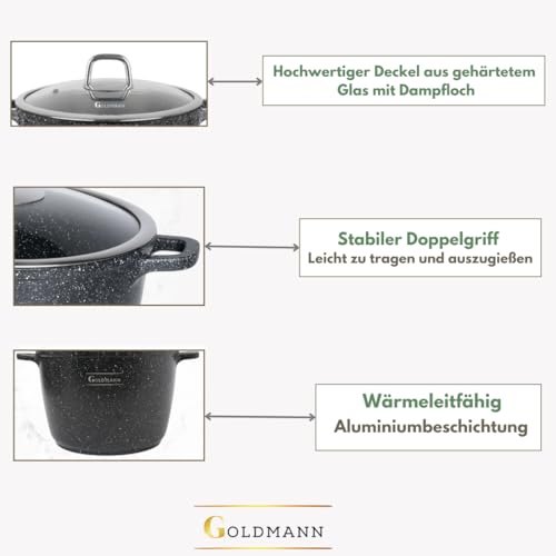 Miniatura 4 de Goldmann Olla Alta De Aluminio Fundido Con Tapa De Cristal, Revestimiento Cerámico Mármol Antiadherente, Apta Para Inducción Negro, 10l - Ø 28 Cm