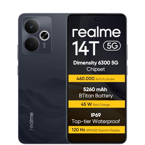 realme 14T 5G Smartphone 8+256GB,Cámara trasera de 50 MP Con IA, 6.67 120Hz Augenschutzdisplay, Procesador 5G Dimensity 6300, 5260mAh Akku, IP69, NFC, Obsidian-Schwarz (kein Ladegerät enthalten)