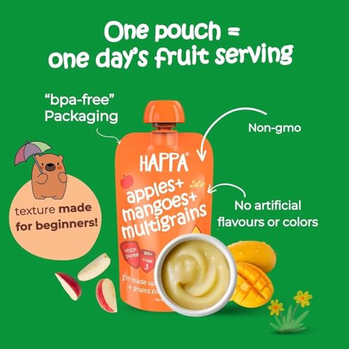 Image of Happa Organic Baby Food Apple Mango and Multigrain Puree | 100% Fruits | No Added Sugar, No Milk Powder, No Preservatives | Stage 3 (8 Months+) | Ready to Eat | Free from Common Allergens | Pack of 9 (100g Each)