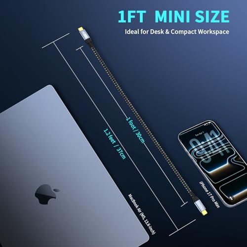 Image of ZeroneTeck 12 inch USB C Cable 1FT, 20Gbps High Speed Data Transfer Short, 4K@60Hz Type C Monitor Cable, USB C 3.2 Gen 2x2 100W PD Charging, for iPhone17, MacBook, iPad, SSD, Samsung T7 /T5 /X5, KYY