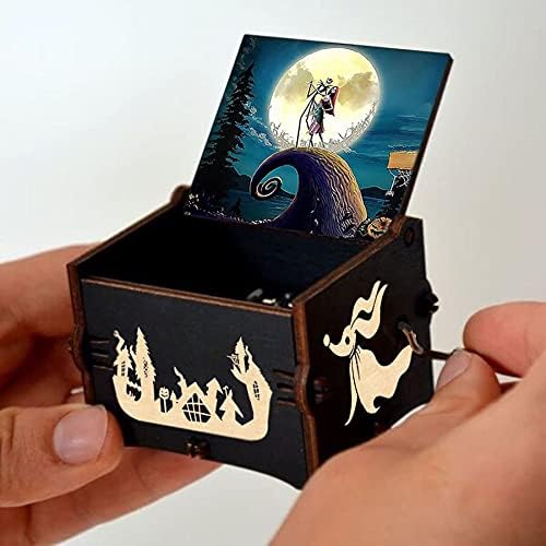 PENG The-Nightmare-Before-Christmas-Caja de música de madera con grabado láser mecanismo de manivela