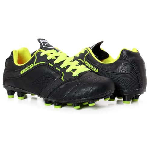 Chuteira Couro Campo Travas Preto Amarelo Limao