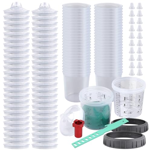Liliantus Disposable Paint Spray Gun Cups for Automotive Paint Gun, Paint Mixing Cups 20 Ounce Kit - 50 Pack Paint Cups with Lids,2 Hard Cups with 2 Retainer Rings,1 Paint Stirrer (50)