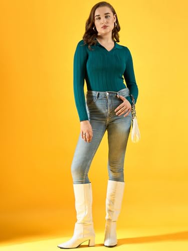 Image of 98 Degree North Women Cotton Self Design Collar Neck Pullover Has A Full Sleeves and Straight Hem-RG1154-TEAL