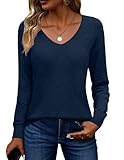 Zeagoo Fall Tops for Women 2025 Trendy Fashion Long Sleeve Casual Ribbed Knit V Neck Cozy Cute Winter Sweaters Navy Blue