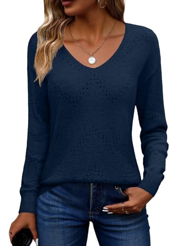 Zeagoo Fall Tops for Women 2025 Trendy Fashion Long Sleeve Casual Ribbed Knit V Neck Cozy Cute Winter Sweaters Navy Blue