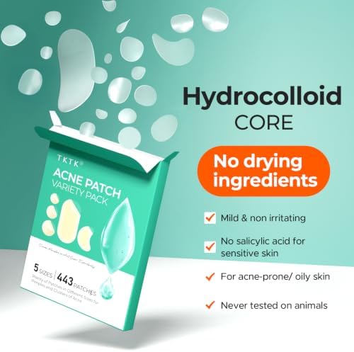 TKTK 443 Count Pimple Patches for Face, Hydrocolloid Acne Patch Bulk, Acne Stickers for Covering Cheeks, Forehead, Chin Blemishes Zit Breakouts for All Skin Types (Dots, Strip, Contoured 5 Sizes) - 4