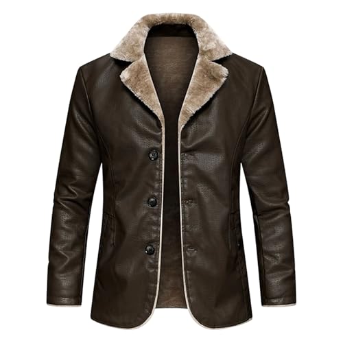 FUNRKLI Mens Warm Faux Leather Coat Fur Collar Lapel Trench