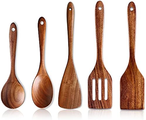 5 Pcs Best Wooden Spoons for Cooking Kitchen Utensils Set Non Stick Spoon Acacia Wood Utensil Cooking Spatula Turner Slotted Spoon Flat Wooden Spatula Set Mixing Cooking Spoons Kitchen Utensils
