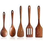 5 Pcs Luxury Wooden Kitchen Utensils Spoons Non Stick Spatula Cooking Utensil Set-Best Wood Spatulas Paddle, Slotted Spatula, Angled Turner Spatulas, Serving Cooking Spoon & Mixing Spoon Utensils