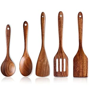 5 Pcs Luxury Wooden Kitchen Utensils Spoons Non Stick Spatula Cooking Utensil Set-Best Wood Spatulas Paddle, Slotted Spatula, Angled Turner Spatulas, Serving Cooking Spoon & Mixing Spoon Utensils
