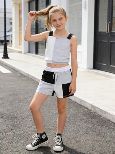 Image of Size 7-14Y Girls Clothes 2 Piece Outfits Striped Tank Top Drawstring Shorts Teen Girls Summer Clothing Sets