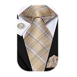 Hi-Tie Beige Plaid Extra Long Ties for Men Checkered Necktie and Pocket Square Cufflinks Set Men Big and Tall Tie Business