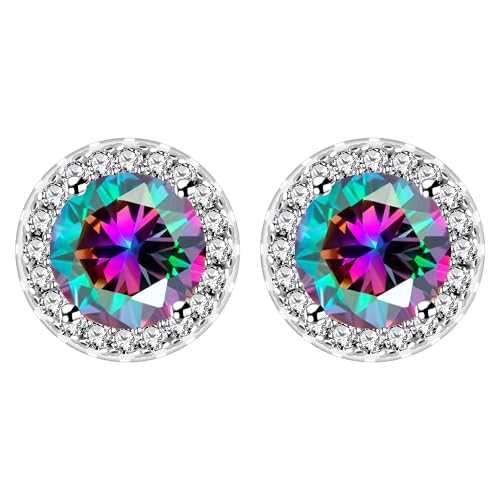 Uloveido Boucles d'Oreilles Solitaire Halo en Zircon Multicolore, Clous Ronds Arc-en-ciel Simulés Topaze Mystique pour Femmes YA5034