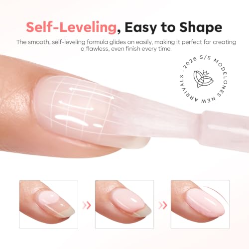 Image of modelones Builder Nail Gel, Barely Pink Builder for Nails, Sheer Pink Color Rubber Base Gel Polish for Natural Overlay, Apex Building, Short Extension, Self-Leveling Beginner U V /LED Cured 15ml