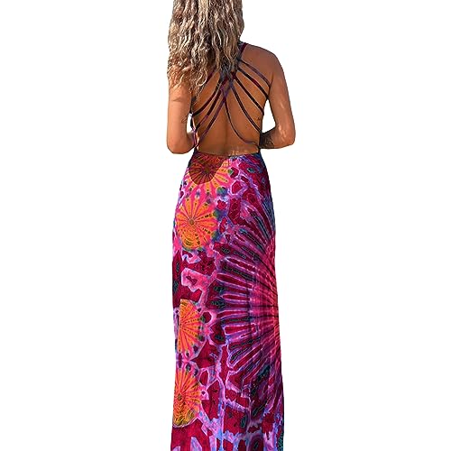 Image of Women Sexy Backless Maxi Dress Y2k Tie-Dye Print U-Neck Sleeveless Fashion Cross Backless Party Dress